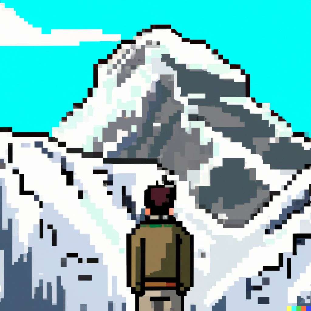 someone gazing at Mount Everest, pixel art